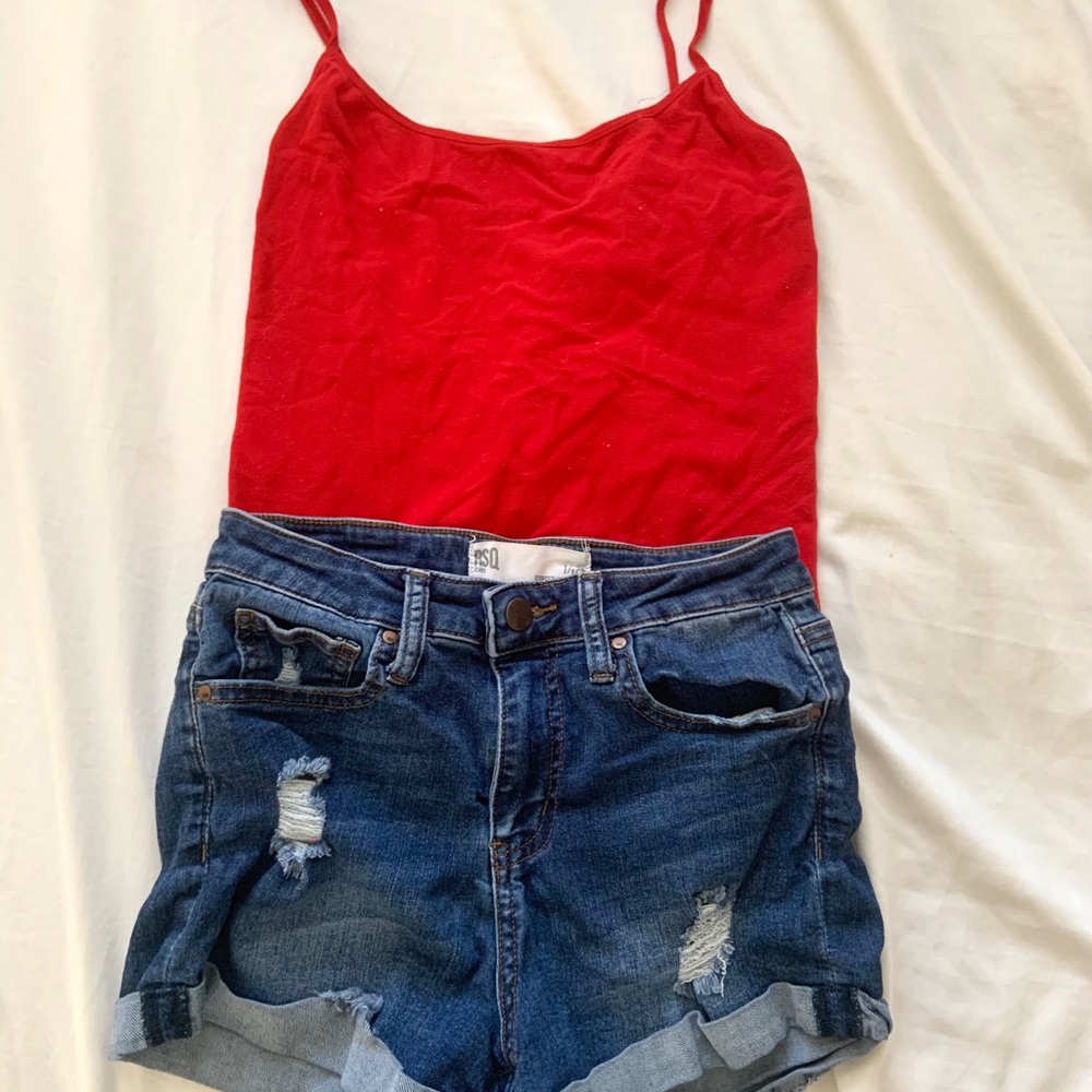 Red Spaghetti strapped shirt w/ high rise shorts